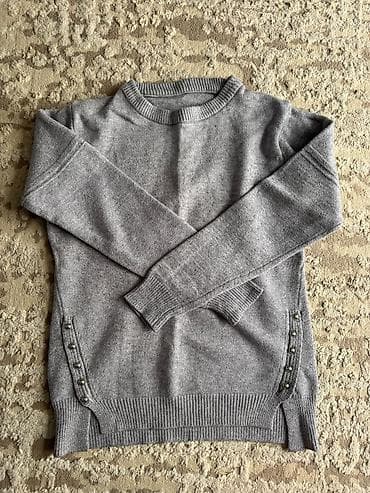 женские зимние кофты: Boz rəngli qadın sviteri - Model: uzunqol, klassik dairəvi yaxalı - — 2