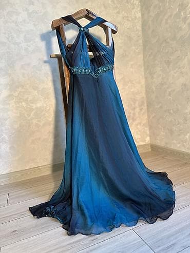 qedimi qol saati: Vintage Yves Calin embellished mesh maxi dress in deep ocean blue — 4