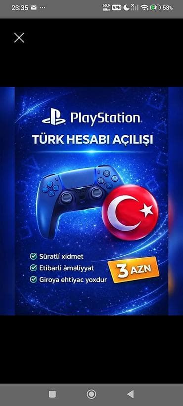 plasmas su çənlərinin təmiri: Xidmət: PlayStation üçün Türkiyə bölgəli hesabın açılması Təsvir: - — 1