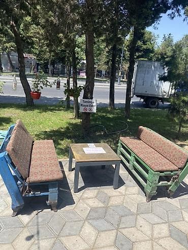 bag stullari: Açıq hava üçün taxta paletdən hazırlanmış oturma dəsti - Tərkibi: 2 — 4