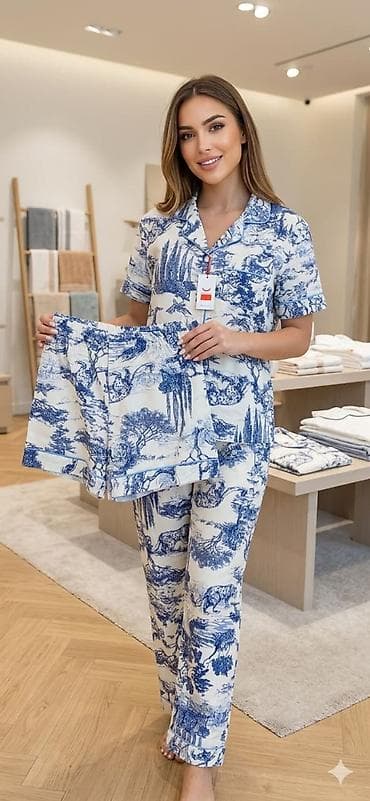 dəst geyimler: Qadın pijama dəsti – 3 hissəli - Komplekt: qısaqol köynək (düyməli — 2