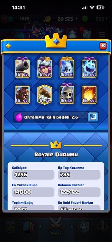 Clash Royale hesabı. Hesabın görünən əsas göstəriciləri: - Kral — 1