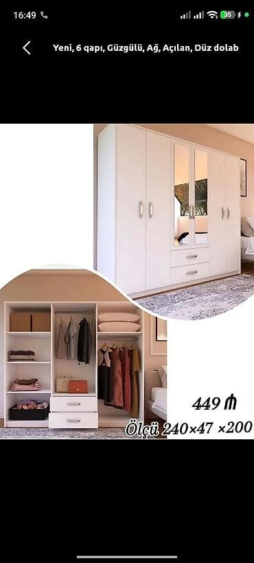 Yeni, 6 qapı, Güzgülü, Ağ, Açılan, Düz dolab