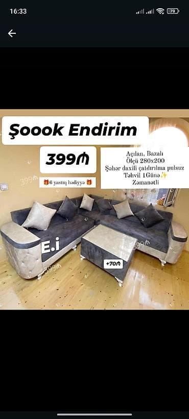 Divan və masa dəstləri: Yeni, Künc divan, Qonaq otağı üçün, Açılan — 1