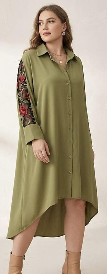 Zeytun-yaşıl rəngdə, uzun kəsimli düyməli tunik/kofta. Yüngül axıcı — 1