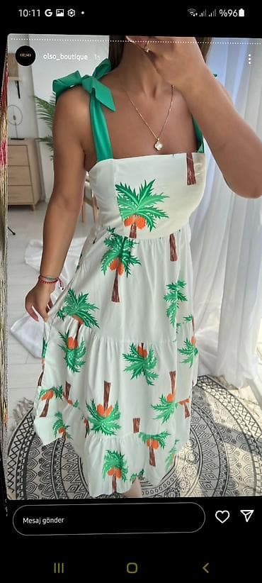 Tropik naxışlı yay donu - Model: Ağ əsaslı, xurma ağacı printli midi