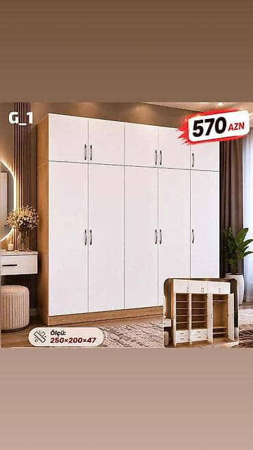 yataq dolabı: G_1 qarderob dolabı - Ölçü: 250 × 200 × 47 sm - Rəng: ağ fasad + ağac — 1