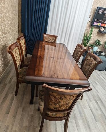 stol ustul: Qonaq otağı üçün, İşlənmiş, Açılan, Dördbucaq masa, 6 stul — 1
