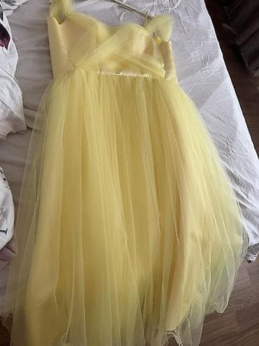 buta formasinda xonca: Sarı rəngdə uzun ziyafət/libas - Stil: A-kəsimli, tül ətəkli — 3