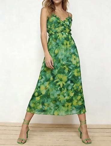 Yaşıl çalarların akvarel effektli çiçək naxışlı qadın paltarı - — 4