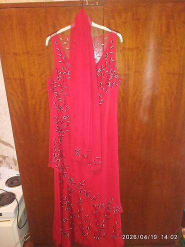 Женская одежда: Qırmızı rəngli uzun ziyafət donu və şərf dəsti - Rəng: parlaq qırmızı — 1