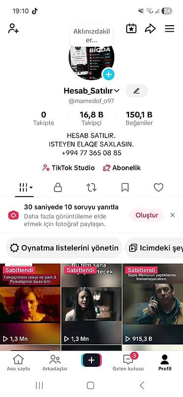 Məhsul: TikTok hesabı (@mamedof_o97) Xüsusiyyətlər: - 16,8K+ izləyici