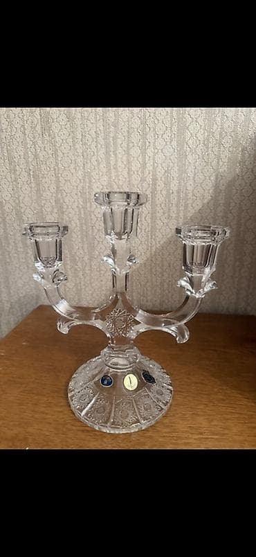 3 şamlıq kristal şamdan - Material: qalın, şəffaf kəsimli kristal -