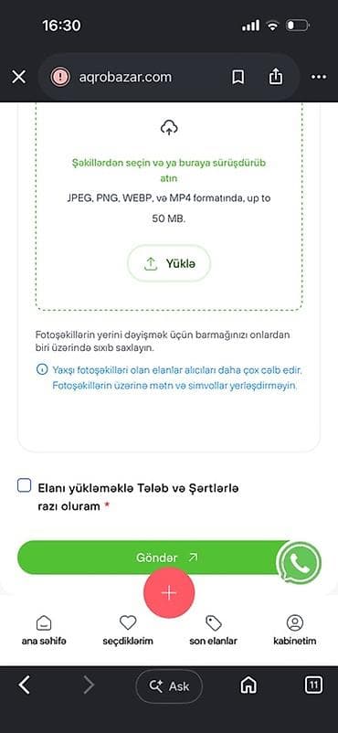 Xidmət: Aqrobazar.com elan yükləmə səhifəsi – foto və video əlavə etmə