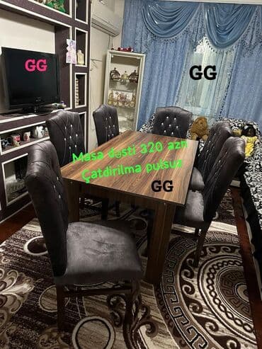 metbex stulları: Qonaq otağı üçün, Yeni, Açılmayan, Dördbucaq masa, 6 stul — 3