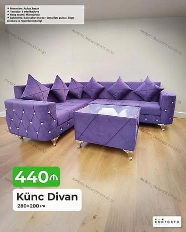 Künc divan – 280×200 sm • Mexanizm: açılan, bazalı • Komplekt: 6 — 1