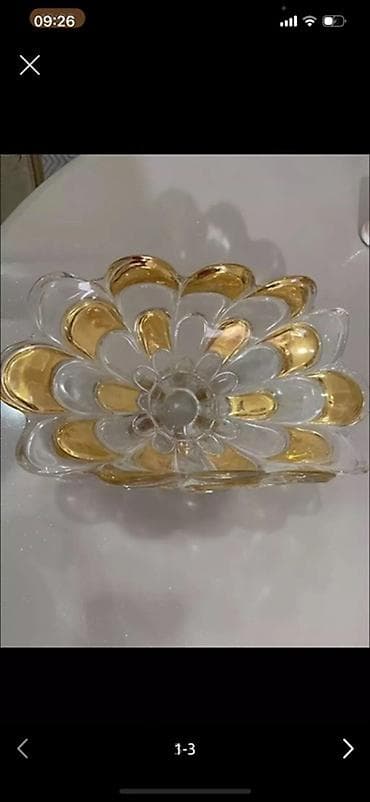 çerez qablari: Qızılı naxışlı şüşə meyvə/güllük qabı - Material: qalın, şəffaf şüşə — 2