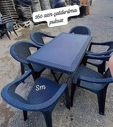 bağ ucun stol: Plastik bağ-qonaq dəsti – 1 masa + 6 stul - Rattan naxışlı, mavi rəng — 1