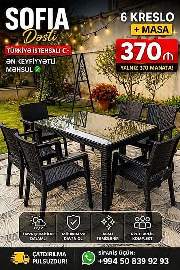 Dördbucaq masa, 6 stul, Açılmayan, Stullar ilə, Plastik, Türkiyə