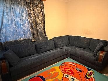 metbex kunc divanları: Künc divan dəsti – tünd mavi rəng, yumşaq parça üzlük - Forma — 2