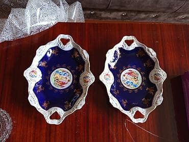 Məişət qabları dəsti - 2 ədəd dekorativ porselen oval boşqab: tünd