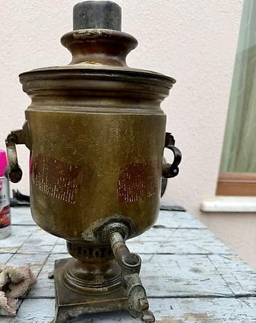 samovar 10 litr: Antik mis samovar – kömür/odunla işləyən, gravürali kolleksiya — 3