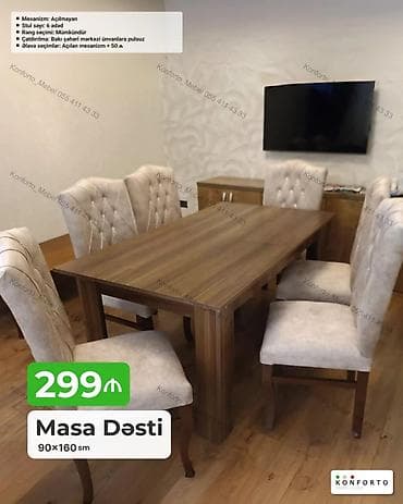stol ev ucun: Məhsul: Masa dəsti - Ölçü: 90×160 sm - Komplekt: 1 masa + 6 ədəd stul — 1