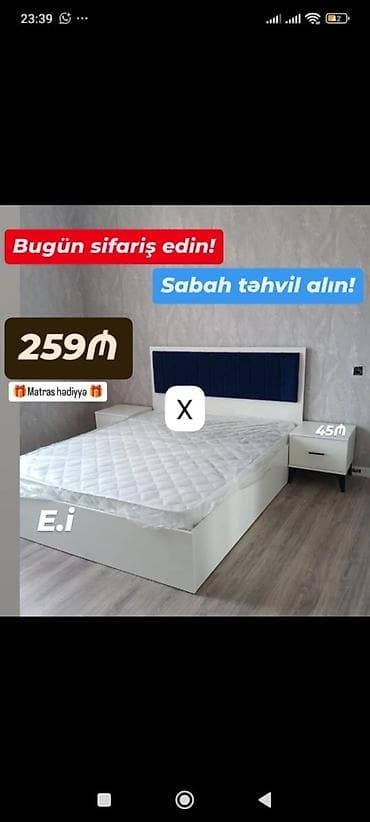 tumbocka: Ağ rəngdə müasir yataq dəsti: - 2 nəfərlik geniş çarpayı, başlıq — 1