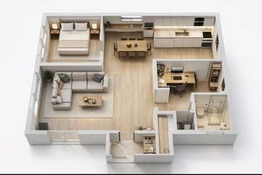 Opel: 2 otaqlı mənzil planı – 65 m² - Ümumi ölçülər: 6.5 m x 6.5 m (təqr — 2