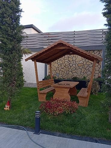 demir dam: Bağ üçün taxta besedka (skamyalar və masa dəsti ilə) - Material — 1