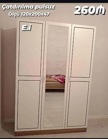 Yeni, 3 qapılı, Güzgülü, Ağ, Taxta, Açılan, Düz dolab