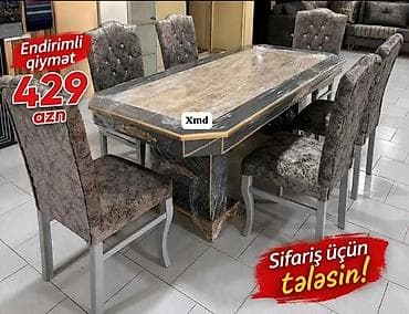 stolustu soba: Yemək otağı dəsti – 1 masa + 6 stul - Dizayn: Klasik üslubda, tünd — 1
