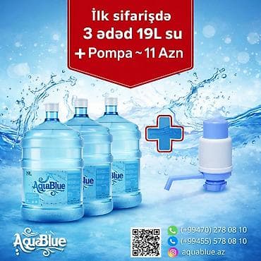 pul sekli: AquaBlue – 19 litrlik içməli sular. 1 ədədi 3.50 Azn. Çatdırılma — 3