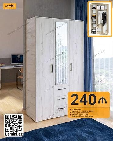 3 qapılı paltar dolabı - Ölçülər: Dərinlik 47 sm × Hündürlük 200 sm × — 1