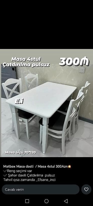 stular: Mətbəx üçün, Açılmayan, Dördbucaq masa, 4 stul — 1