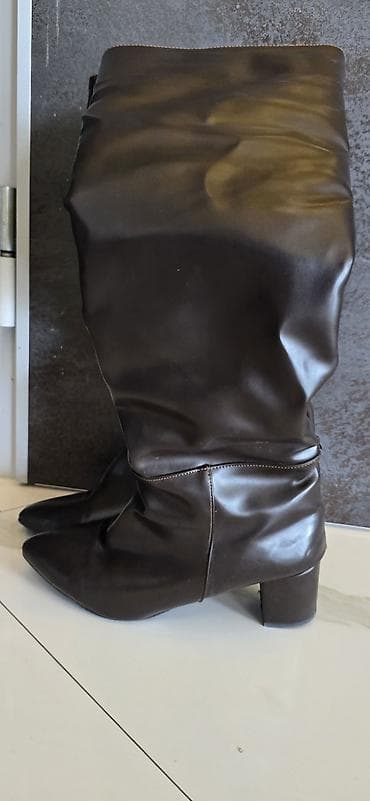 рабочие мужские сапоги: Qadın dizə qədər çəkmələr - Rəng: tünd qəhvəyi - Material: hamar — 2