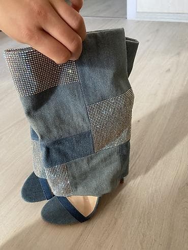 çekme: Denim materialdan dizə qədər uzunluqda qadın çəkmələri-sandallar — 3