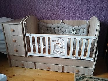 детские кроватки с комодом: Для девочки и мальчика, Четырехугольная, Колыбель, С бортиками, С матрасом, Без механизма качания — 1