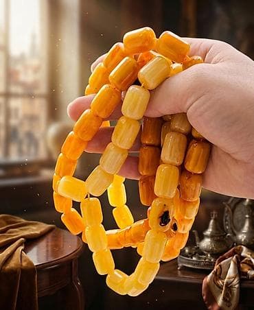 Sarı-qızılı tonlarda böyük ölçülü təsbeh muncuqları – bal kəhrəba