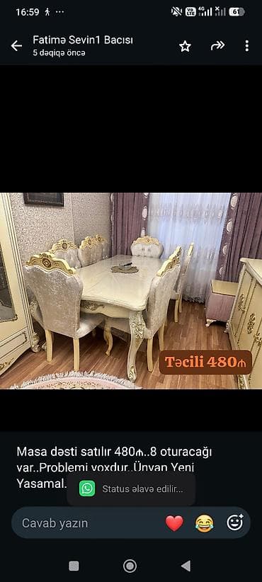 bitki dərmanları satışı: Masa dəsti satılır 480₼. 8 oturacağı var. Problemi yoxdur. Ünvan Yeni — 1
