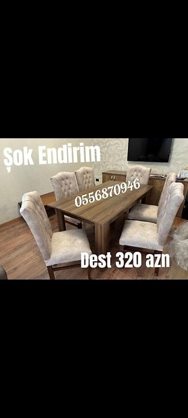 Qonaq otağı üçün, Yeni, Açılmayan, Dördbucaq masa, 6 stul