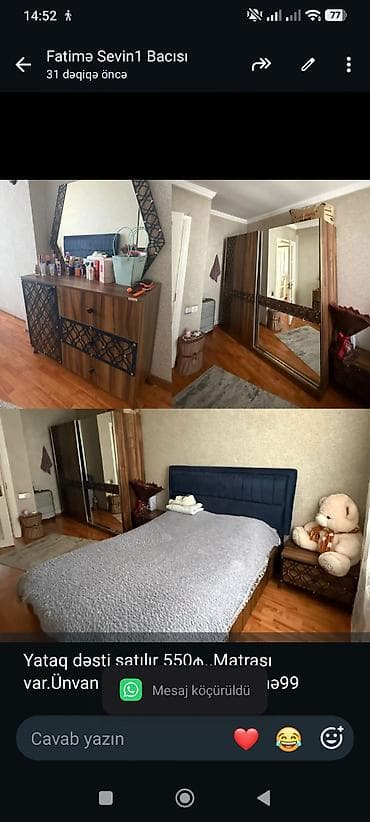 matras satilir: Yataq dəsti satılır 550₼. Matrası var.Ünvan Neftçilər. 5010. Fatimə99 — 1