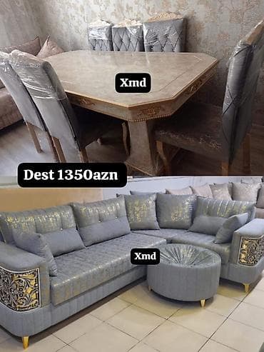 televizor mebel: Klassik dizaynlı mebel dəsti - Yemək dəsti: mərmər effektli, qızılı — 1