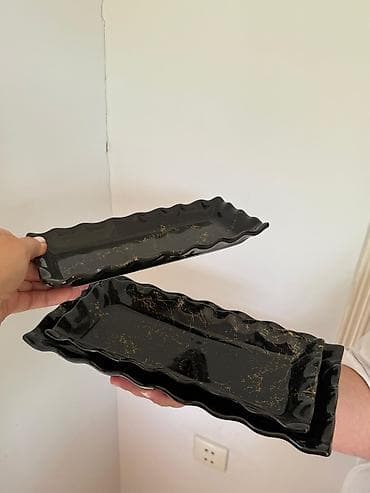 Qara mərmər naxışlı düzbucaqlı servis boşqabları – 3’lü dəst - Rəng — 3