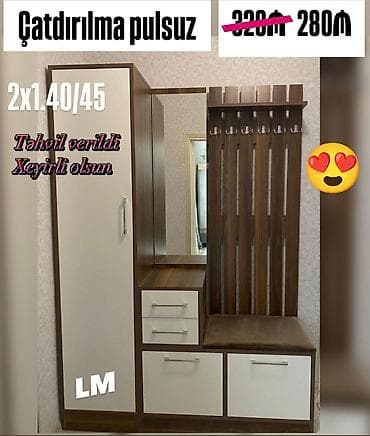 Yeni, 1 qapı, Güzgülü, Rəngli, Digər material, Açılan, Düz dolab