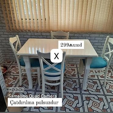 Ağ rəngdə yemək masası və 4 ədəd stul dəsti. Xüsusiyyətlər: - Klassik