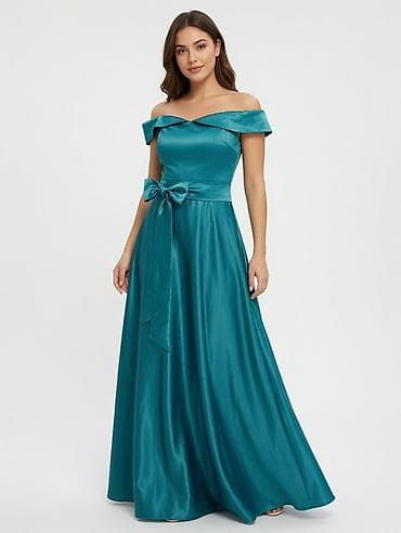 don: Zümrüd-mavi rəngdə uzun ziyafət donu - Model: off-shoulder (açıq — 1
