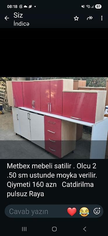 masa və stullar: Mətbəx mebeli dəsti - Ölçü: 2.50 m - Üstündə moyka verilir - Rəng — 1