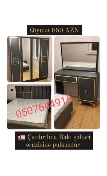 спальная мебель баку: Двуспальная кровать, Шкаф, Трюмо, 2 тумбы, Азербайджан, Новый — 22