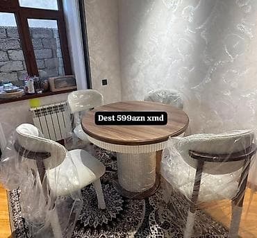 stullar ikinci el: Yemək otağı dəsti - Dəyirmi masa: üstü taxta teksturalı, tünd-qəhvəyi — 1